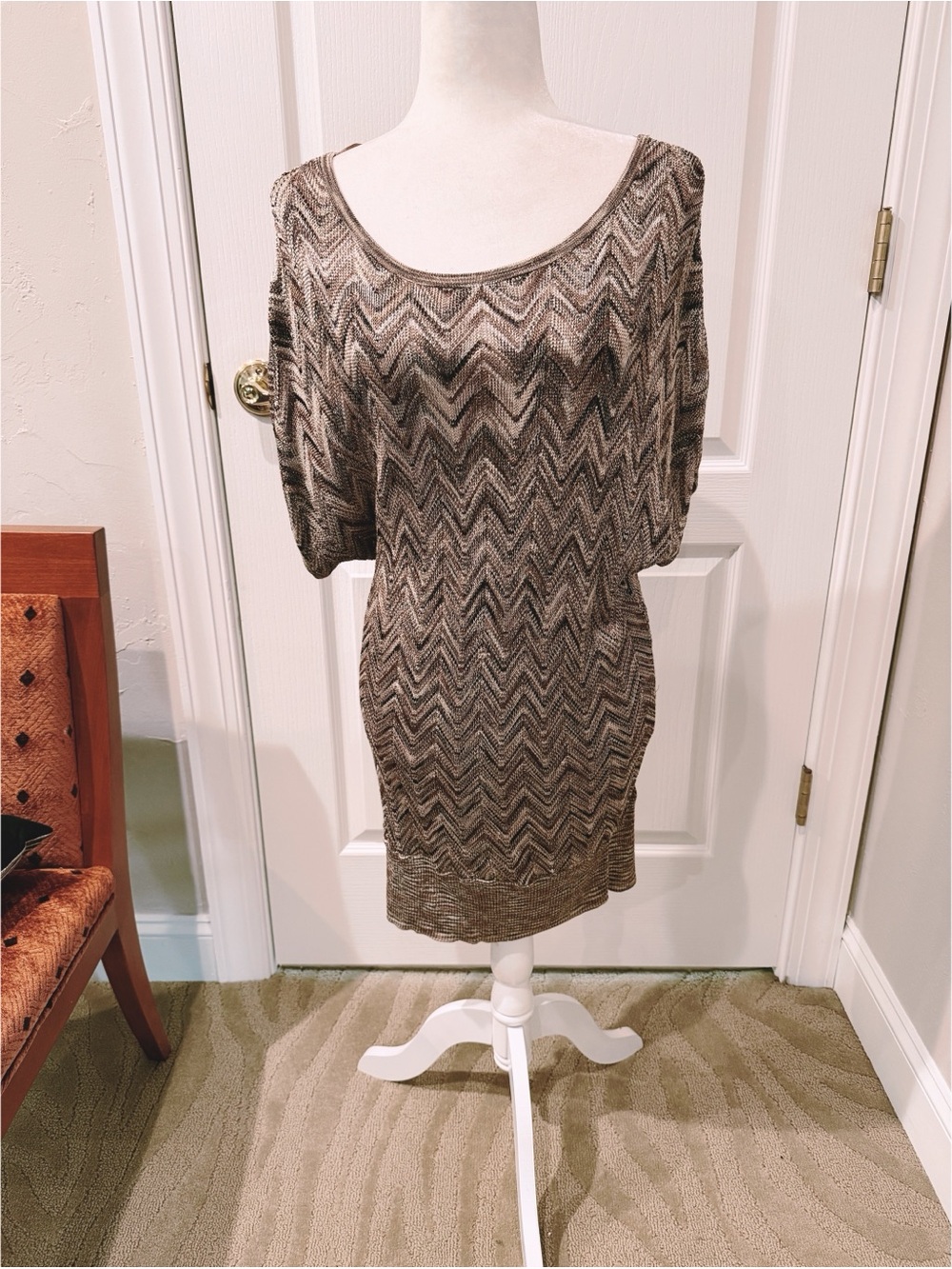 NWOT INC Chevron Knit Tunic Dress in Metallic Taupe